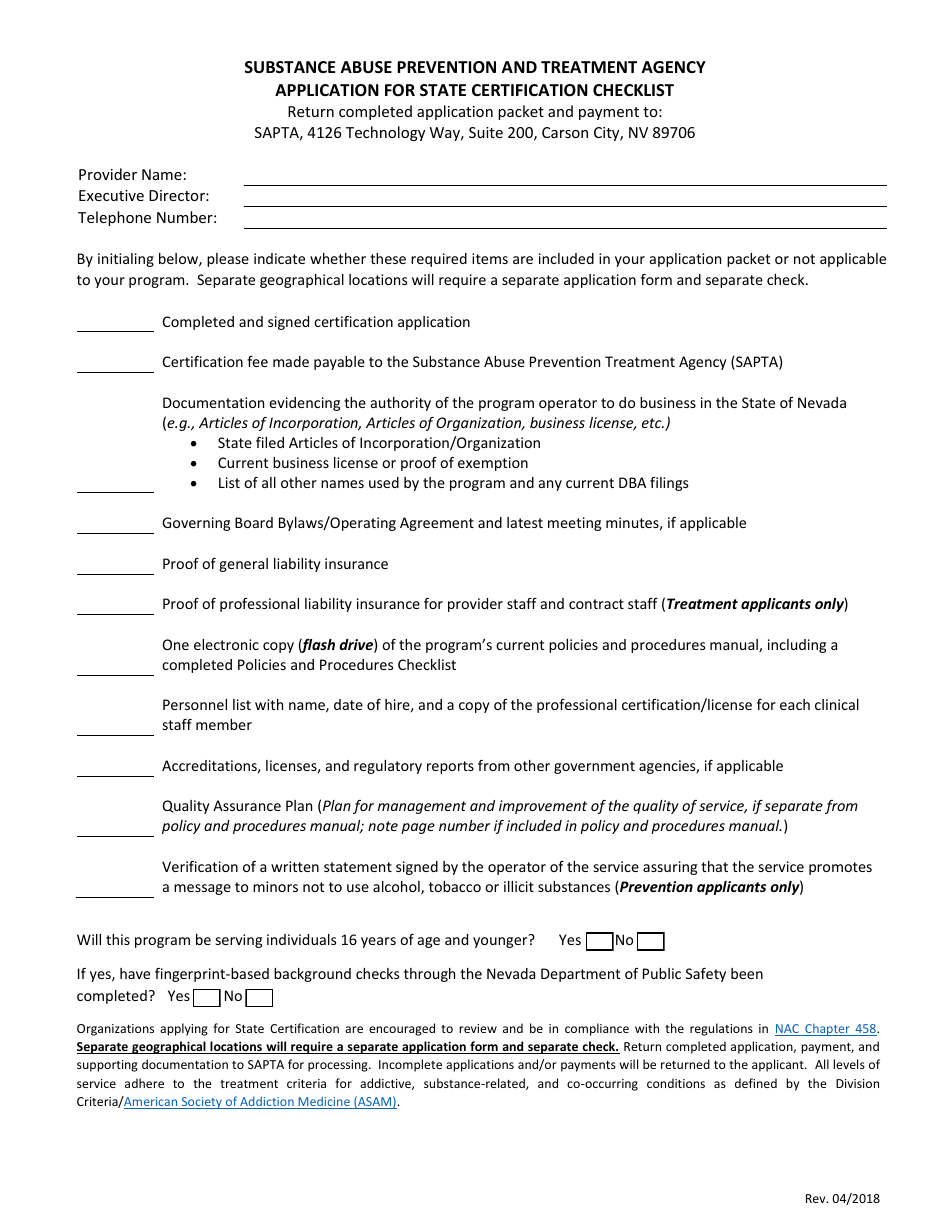 Application for State Certification Checklist - Nevada, Page 1