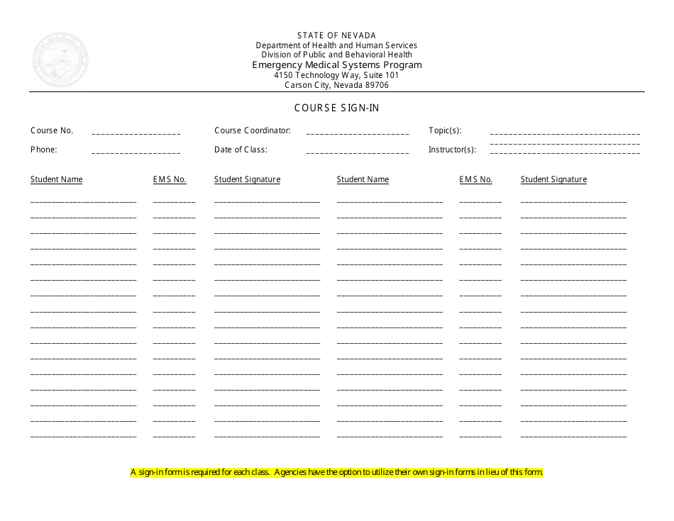 Course Sign-In Form - Emergency Medical Systems Program - Nevada, Page 1