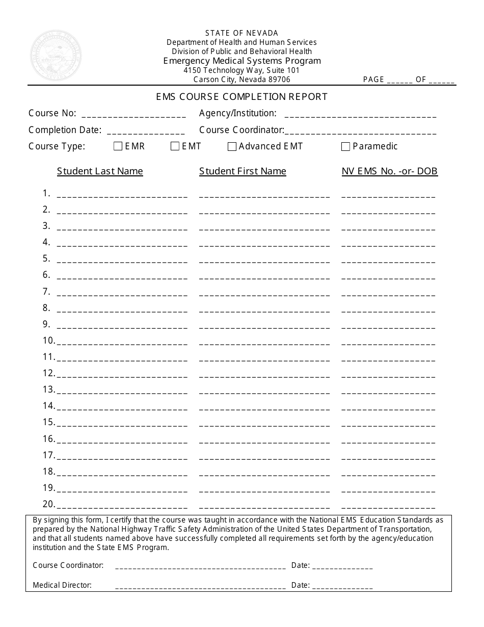 EMS Course Completion Report Form - Nevada, Page 1