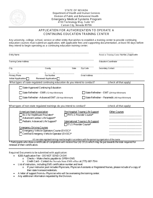 Application for Authorization to Operate a Continuing Education Training Center - Emergency Medical Systems Program - Nevada Download Pdf