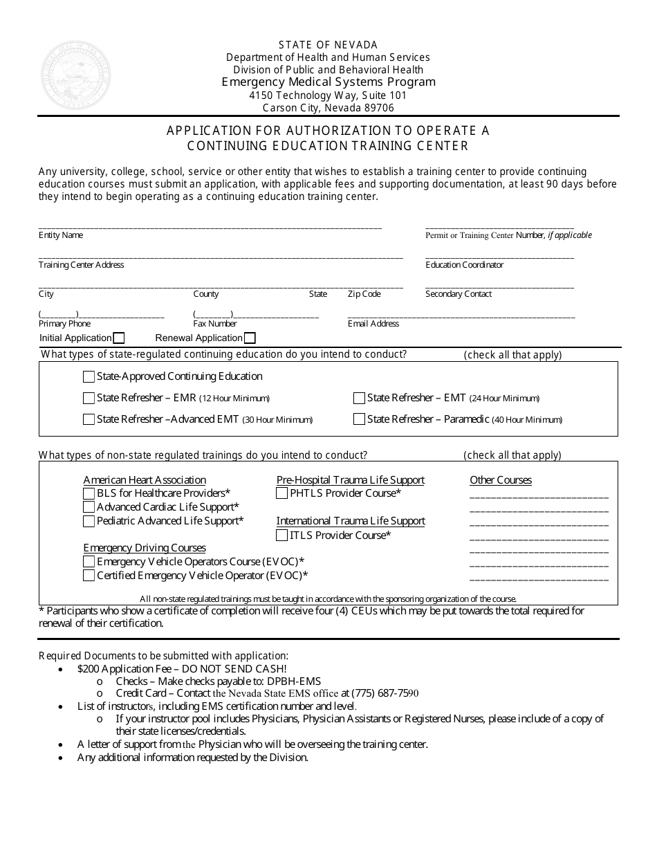 Application for Authorization to Operate a Continuing Education Training Center - Emergency Medical Systems Program - Nevada, Page 1