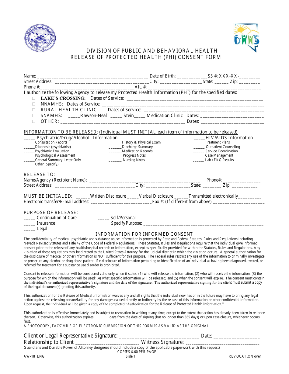 Form AW-18 Release of Protected Health (Phi) Consent Form - Nevada, Page 1