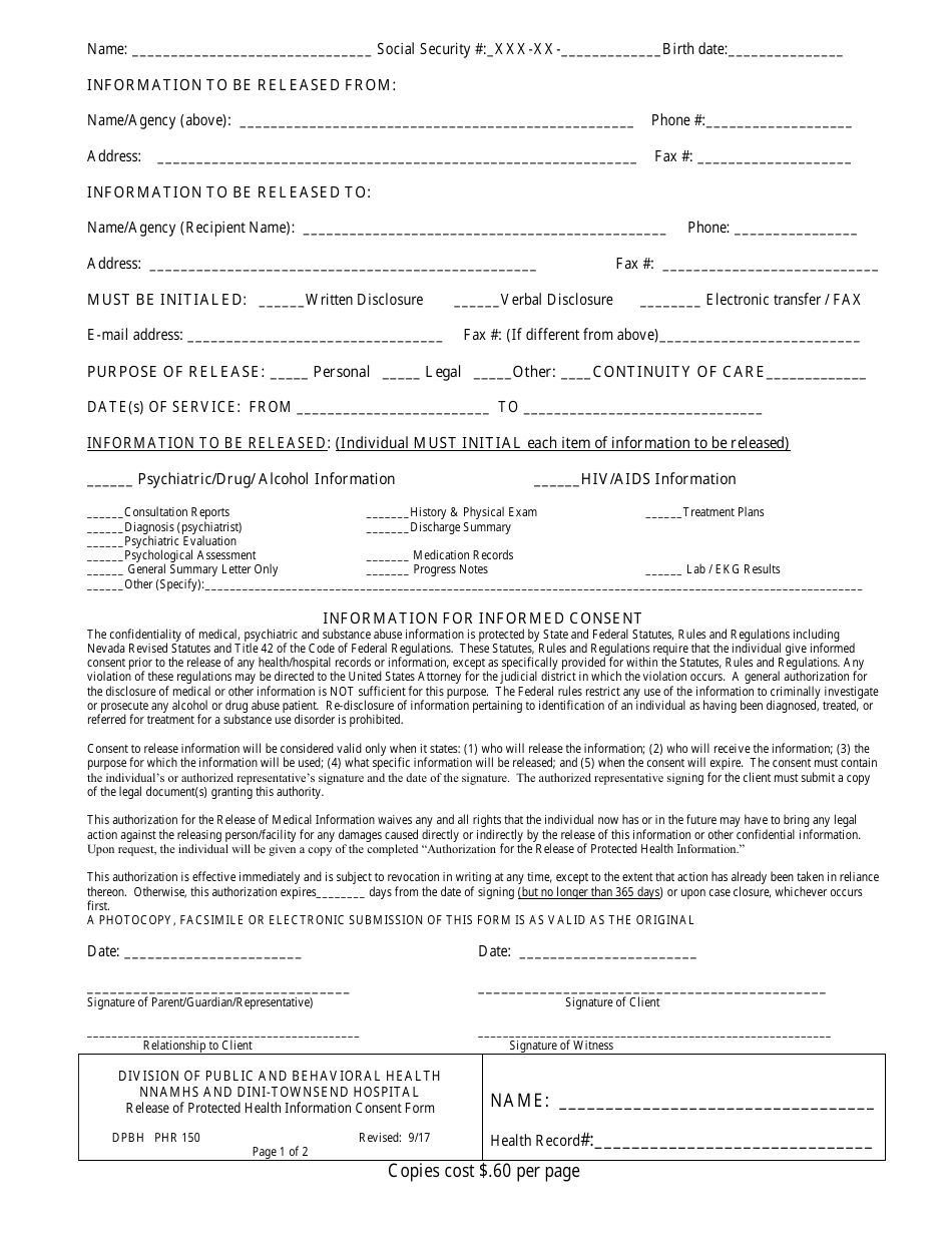 Form DPBH PHR150 Release of Protected Health Information Consent Form - Nevada, Page 1
