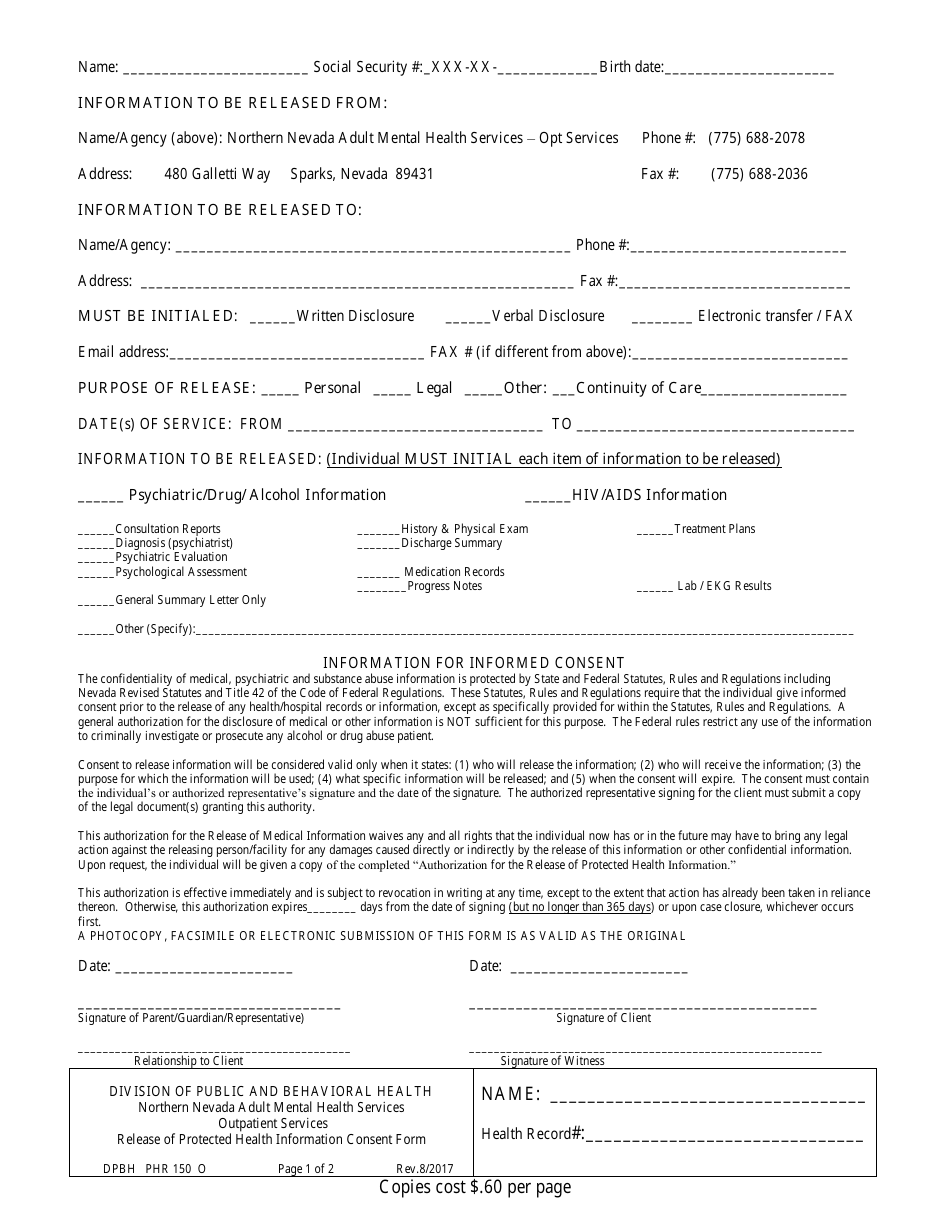 Form DPBH PHR150 O Release of Protected Health Information Consent Form - Outpatient Services - Nevada, Page 1