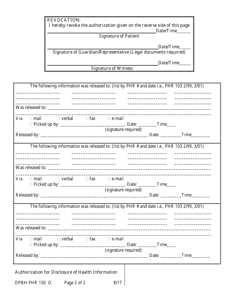 Form DPBH PHR150 O Release of Protected Health Information Consent Form - Outpatient Services - Nevada, Page 2