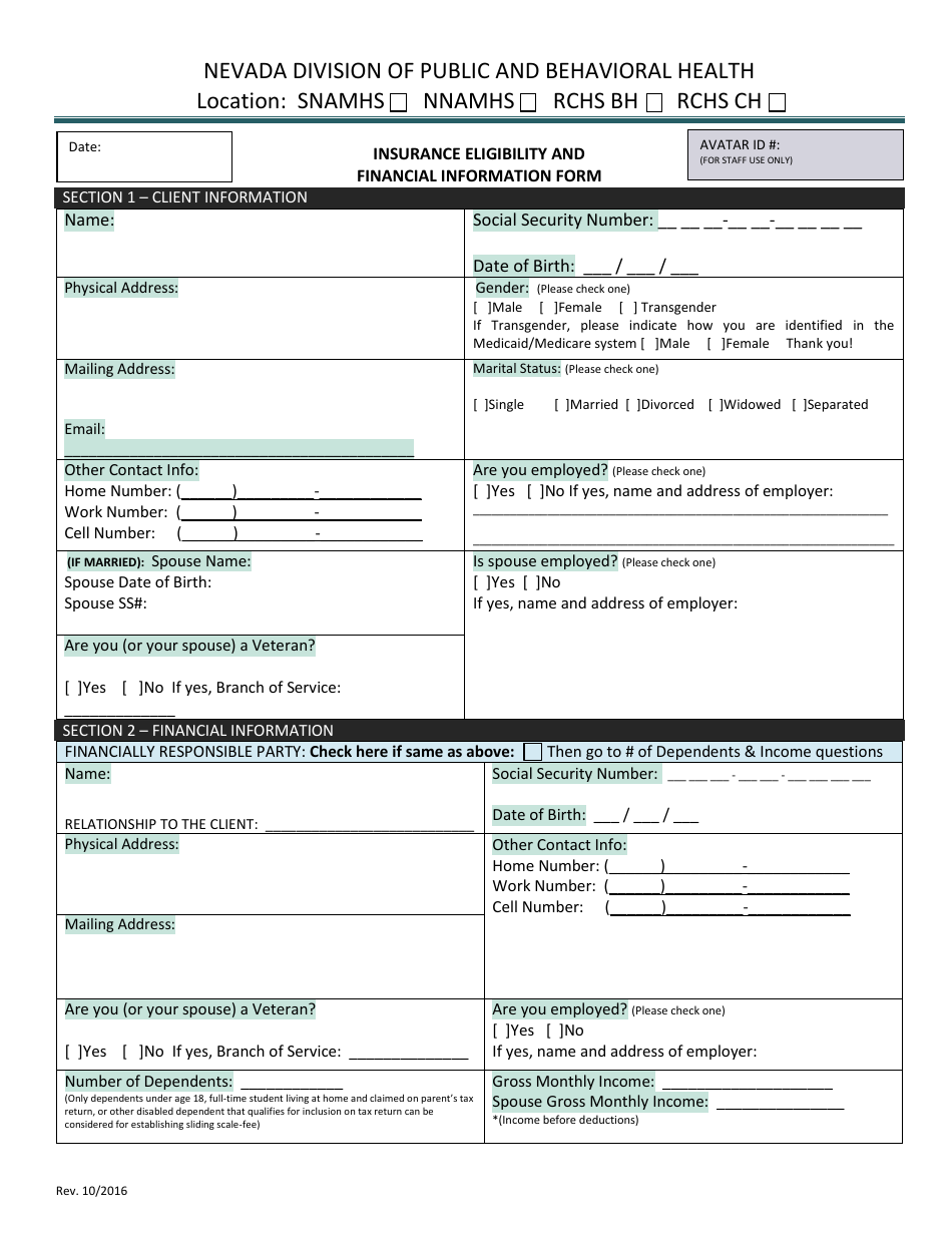Insurance Eligibility and Financial Information Form - Nevada, Page 1