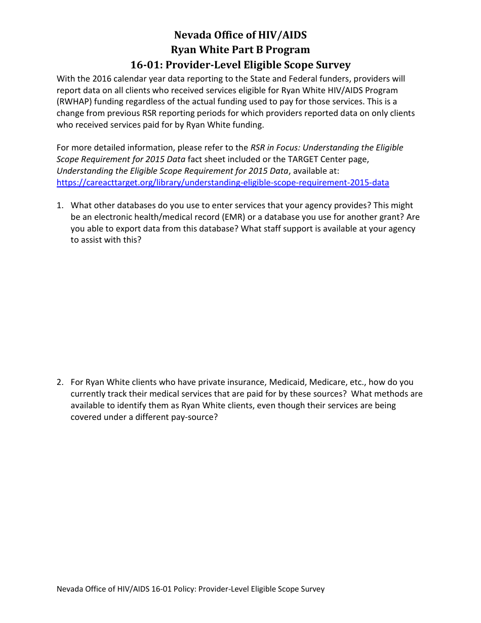 Form 16-01 Provider-Level Eligible Scope Survey - Nevada, Page 1