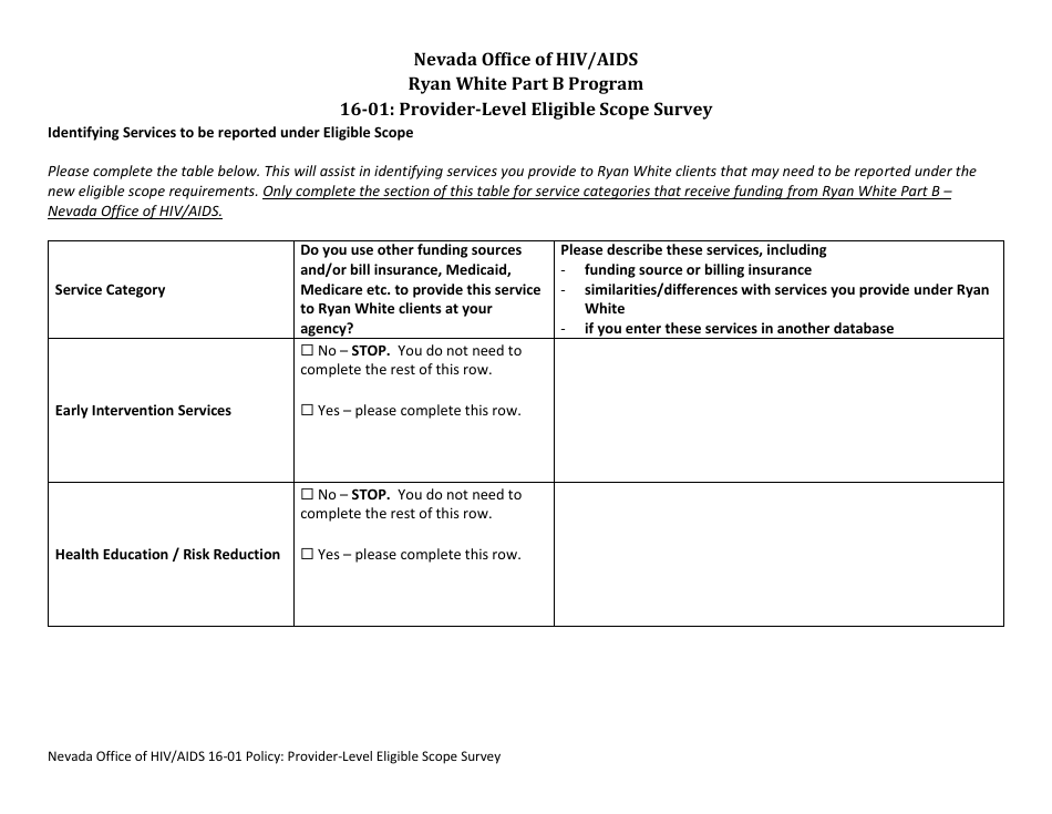 Form 16-01 Provider-Level Eligible Scope Survey - Nevada, Page 2
