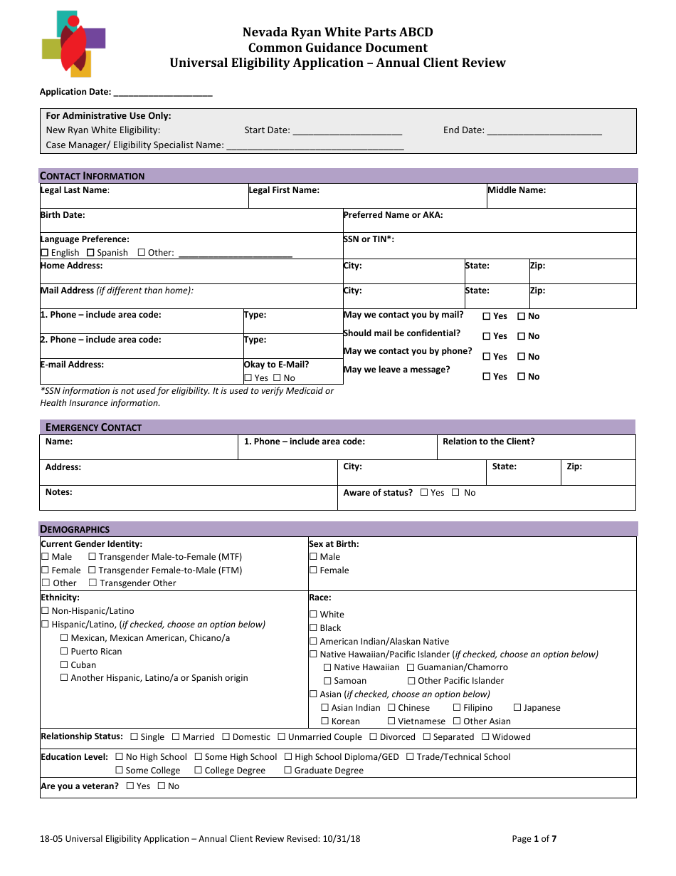 Form 18-05 Universal Eligibility Application - Annual Client Review - Nevada, Page 1