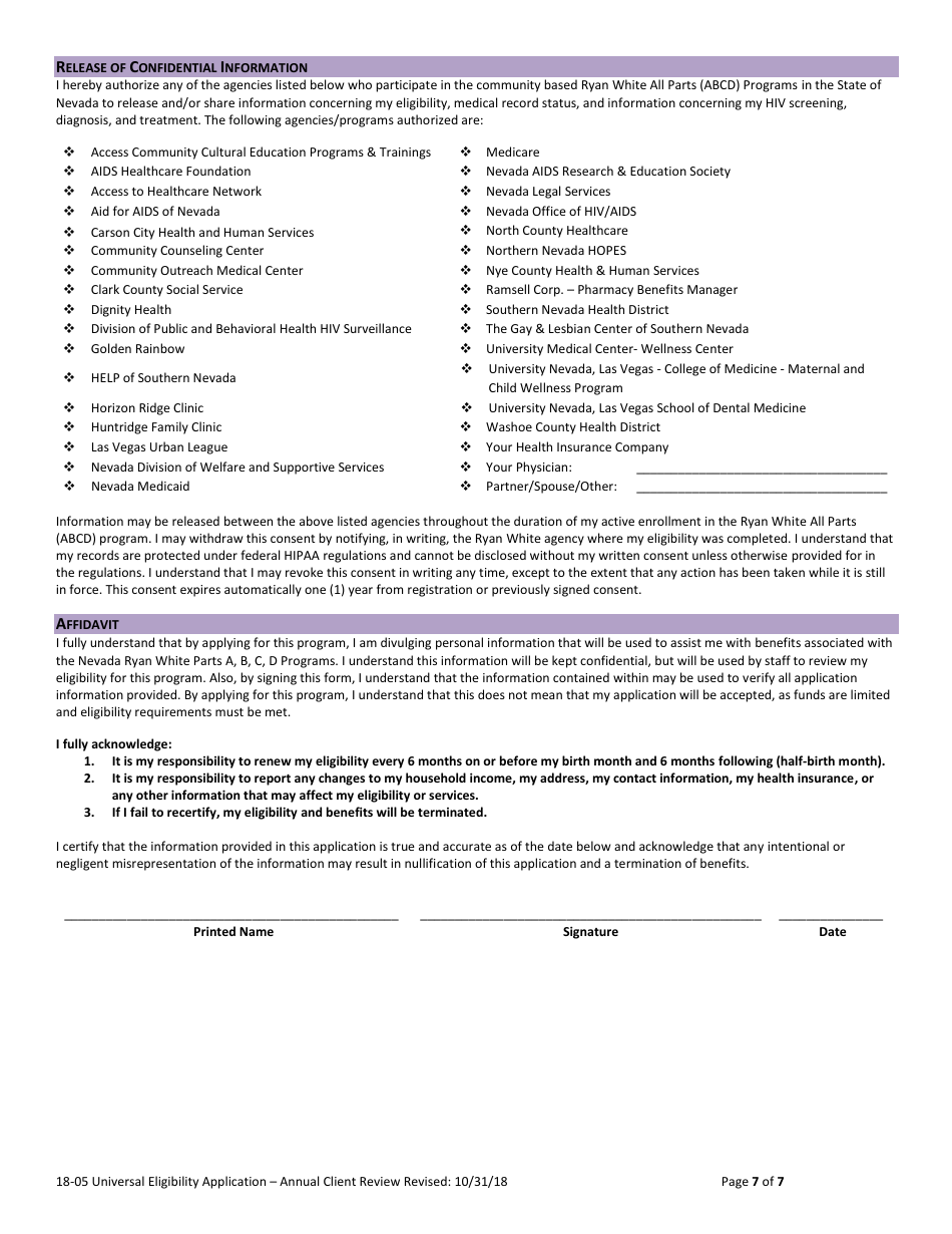 Form 18-05 Universal Eligibility Application - Annual Client Review - Nevada, Page 7