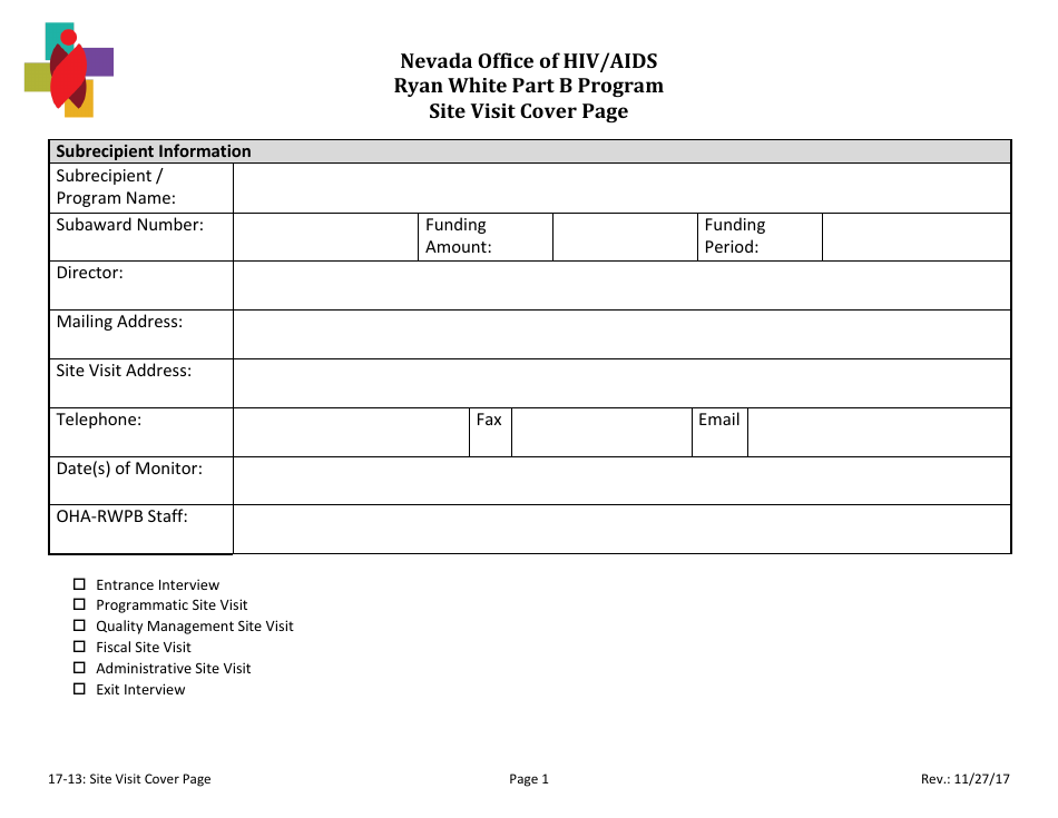 Form 17-13 Site Visit Cover Page - Ryan White Part B Program - Nevada, Page 1