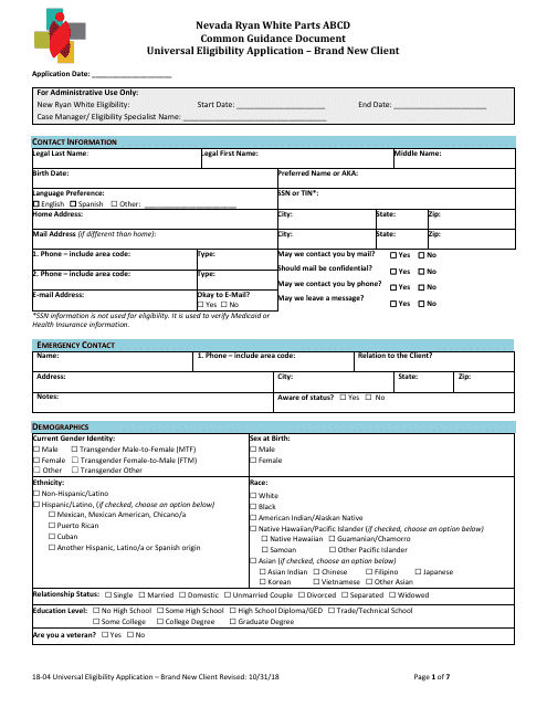 Form 18-04 Universal Eligibility Application - Brand New Client - Common Guidance Document - Nevada Ryan White Parts Abcd - Nevada