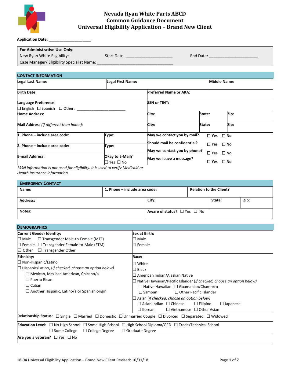 Form 18-04 Universal Eligibility Application - Brand New Client - Common Guidance Document - Nevada Ryan White Parts Abcd - Nevada, Page 1