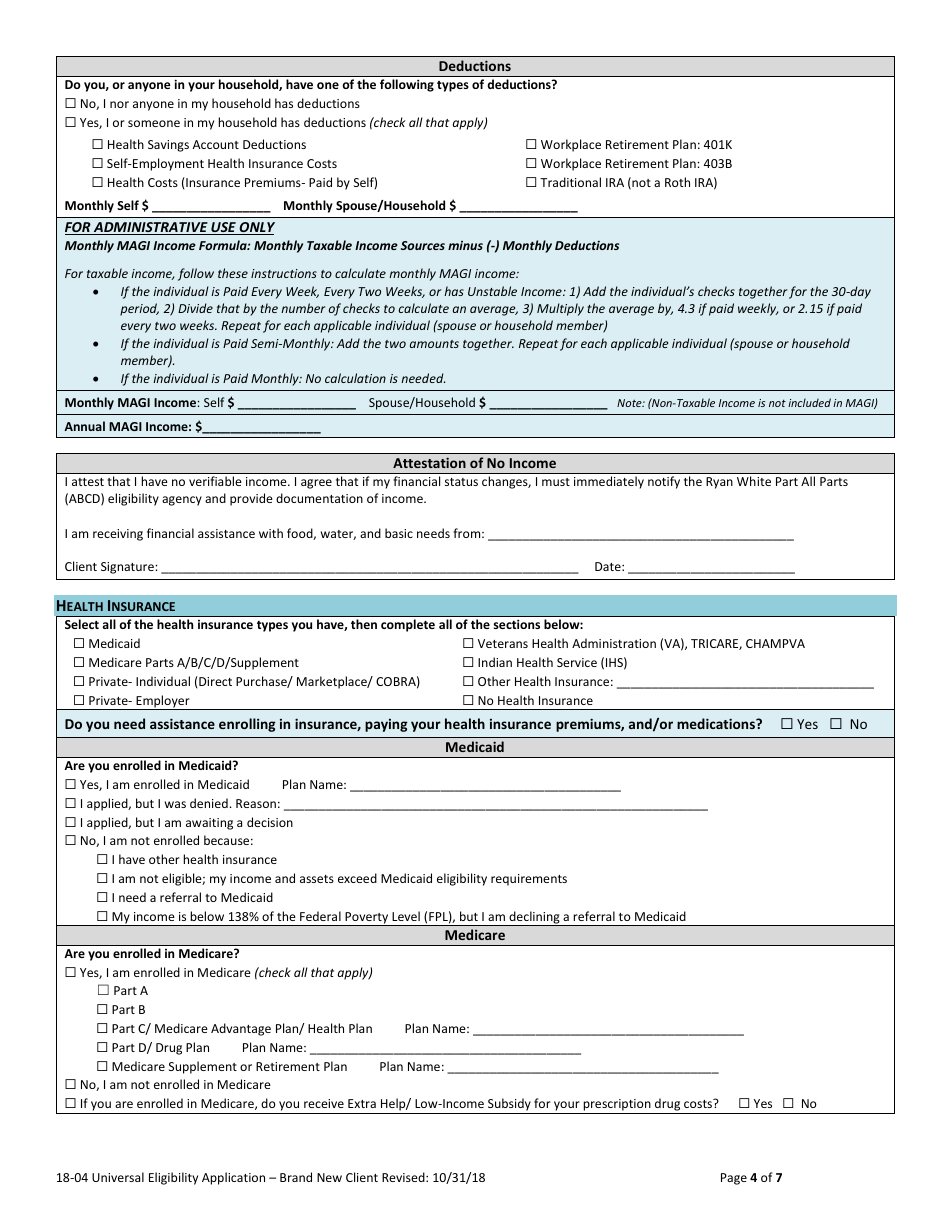 Form 18-04 Universal Eligibility Application - Brand New Client - Common Guidance Document - Nevada Ryan White Parts Abcd - Nevada, Page 4