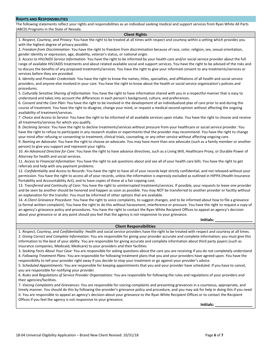 Form 18-04 Universal Eligibility Application - Brand New Client - Common Guidance Document - Nevada Ryan White Parts Abcd - Nevada, Page 6
