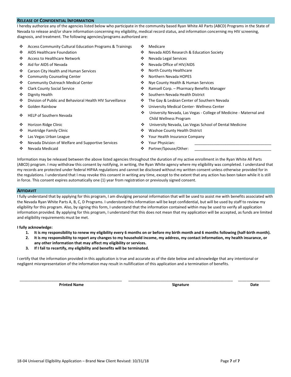 Form 18-04 Universal Eligibility Application - Brand New Client - Common Guidance Document - Nevada Ryan White Parts Abcd - Nevada, Page 7