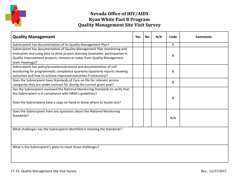 Form 17-15 Quality Management Site Visit Survey - Ryan White Part B Program - Nevada