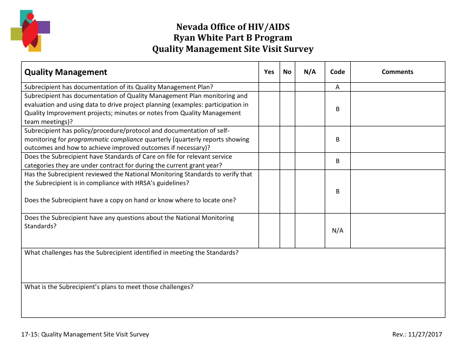 Form 17-15 Quality Management Site Visit Survey - Ryan White Part B Program - Nevada, Page 1