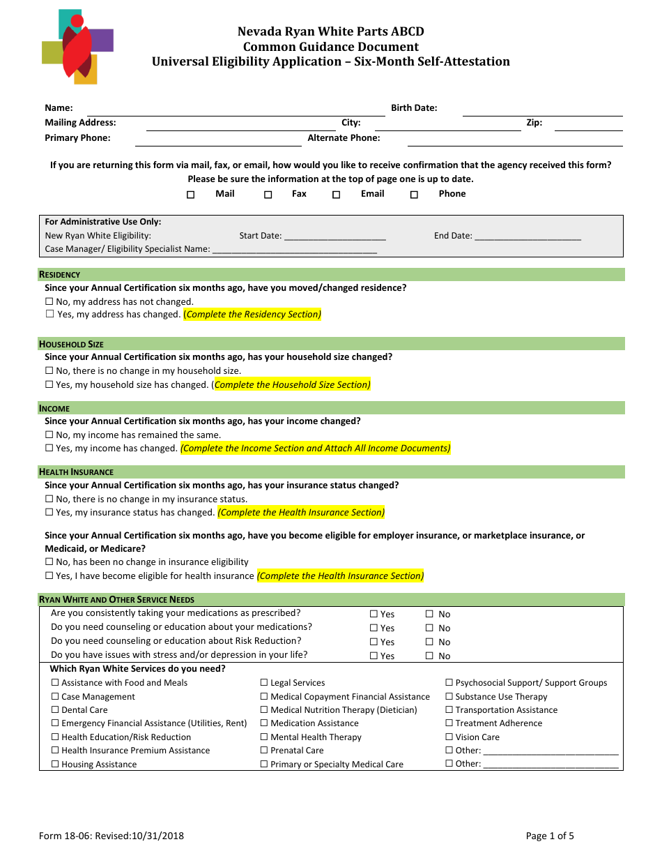 Form 18-06 Universal Eligibility Application - Six-Month Self-attestation - Nevada Ryan White Parts Abcd - Nevada, Page 1