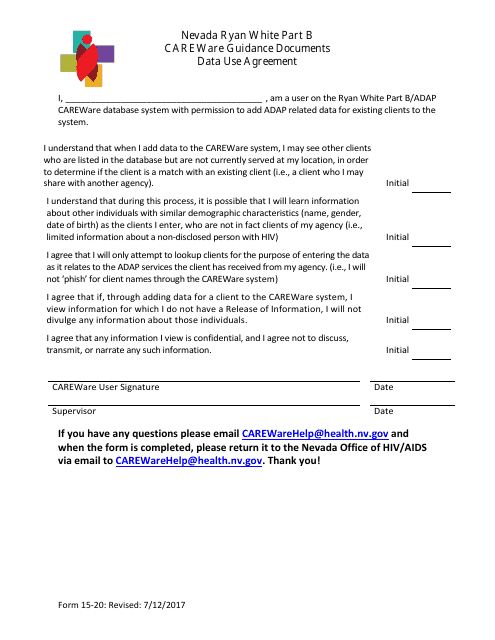 Form 15-20 Data Use Agreement - Careware Guidance Documents - Nevada Ryan White Part B - Nevada
