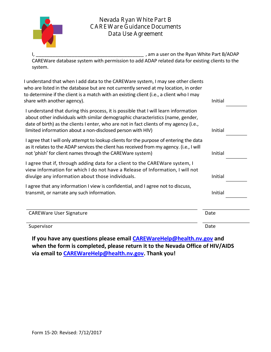 Form 15-20 Download Fillable PDF or Fill Online Data Use Agreement - Careware Guidance Documents - Nevada Ryan White Part B Nevada | Templateroller Form 15-20 Download Fillable PDF or Fill Online Data Use Agreement - Careware Guidance Documents - Nevada Ryan White Part B Nevada | Templateroller