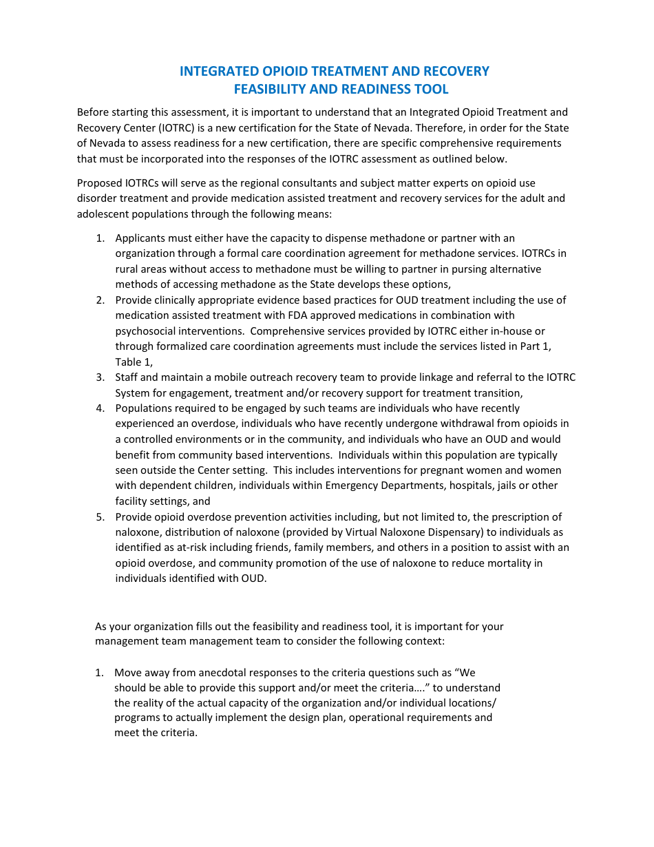 Integrated Opioid Treatment and Recovery Feasibility and Readiness Tool - Nevada, Page 1