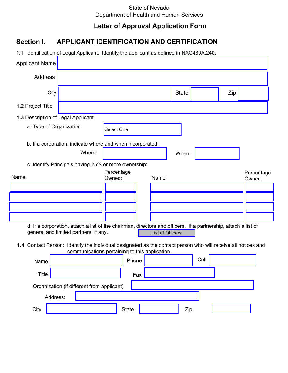 Letter of Approval Application Form - Nevada, Page 1