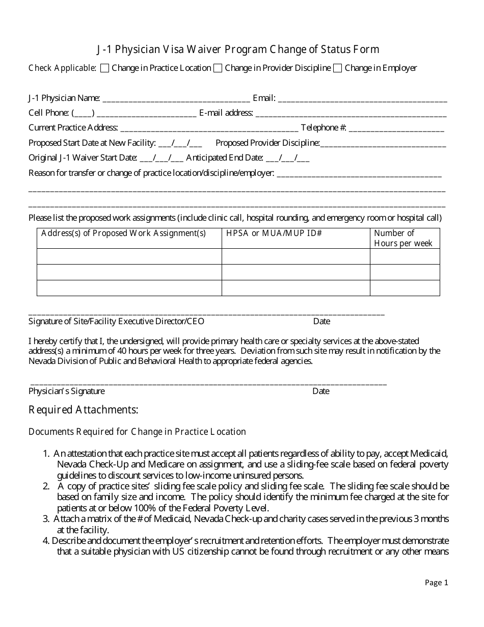 J-1 Physician Visa Waiver Program Change of Status Form - Nevada, Page 1