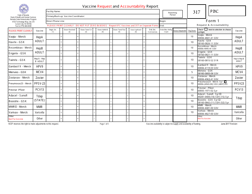 Form 1 Vaccine Request and Accountability Report - Nevada
