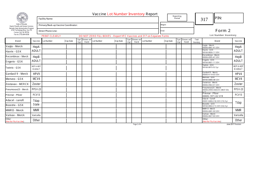 Form 2 317 Vaccine Lot Number Inventory Report - Nevada