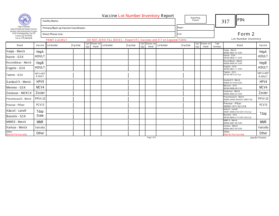 Form 2 317 Vaccine Lot Number Inventory Report - Nevada, Page 1