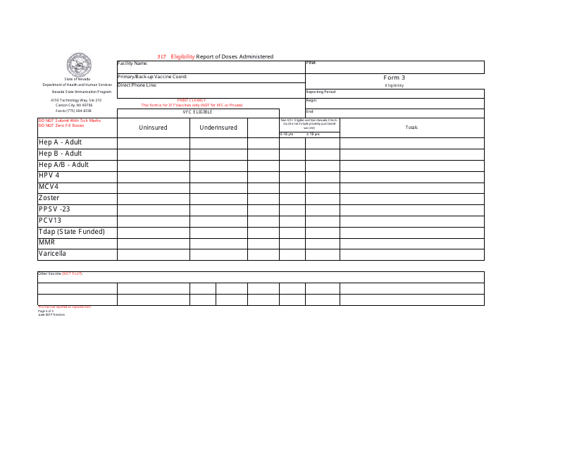 Form 3 317 Eligibility Report of Doses Administered - Nevada