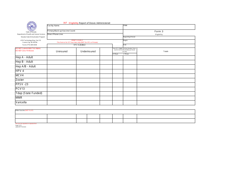 Form 3 317 Eligibility Report of Doses Administered - Nevada, Page 1