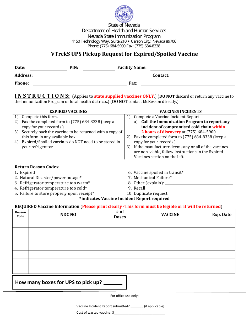 Vtrcks Ups Pickup Request for Expired / Spoiled Vaccine - Nevada State Immunization Program - Nevada, Page 1