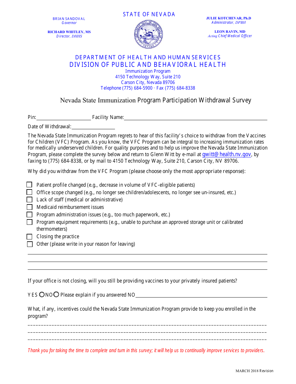 Nevada State Immunization Program Participation Withdrawal Survey - Nevada, Page 1