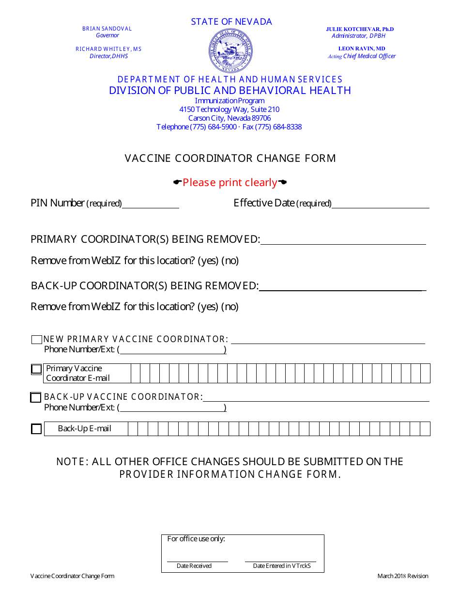 Vaccine Coordinator Change Form - Immunization Program - Nevada, Page 1