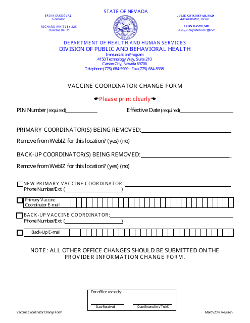 Vaccine Coordinator Change Form - Immunization Program - Nevada Download Pdf