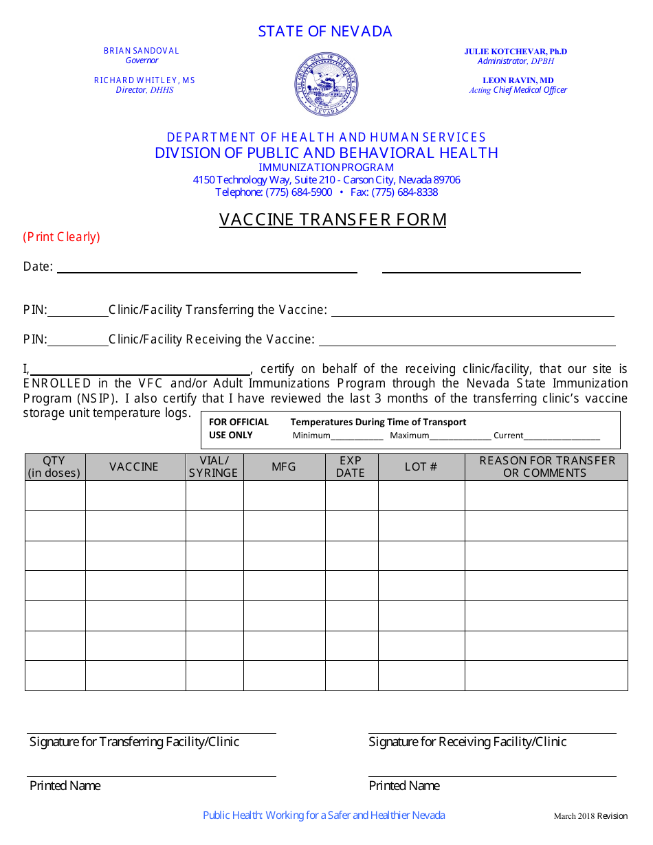 Vaccine Transfer Form - Immunization Program - Nevada, Page 1