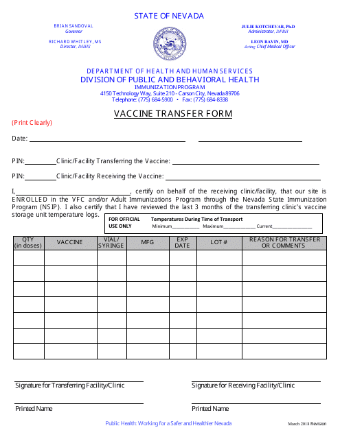Vaccine Transfer Form - Immunization Program - Nevada Download Pdf