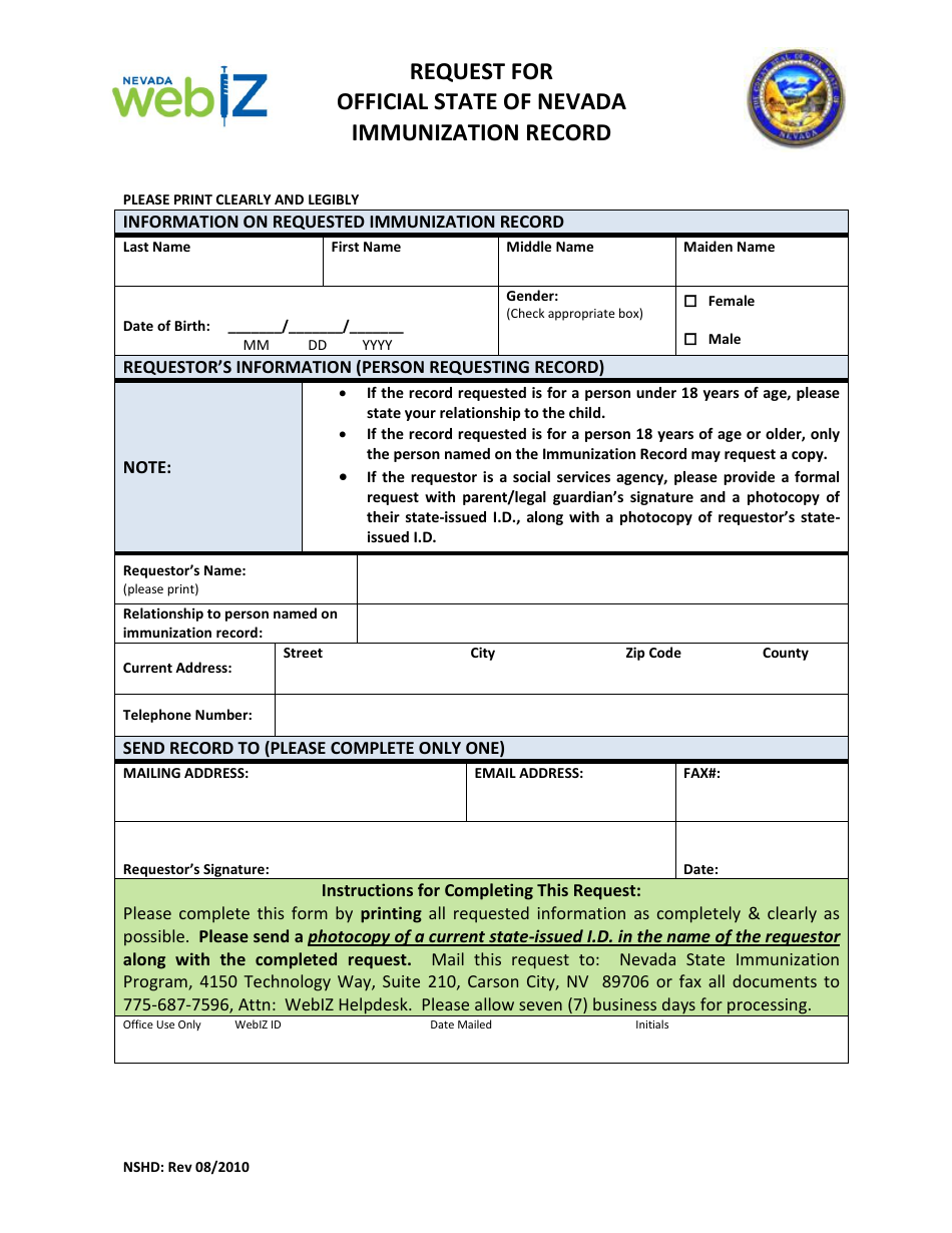 Nevada Immunization Record Request Form Fill Out, Sign Online and