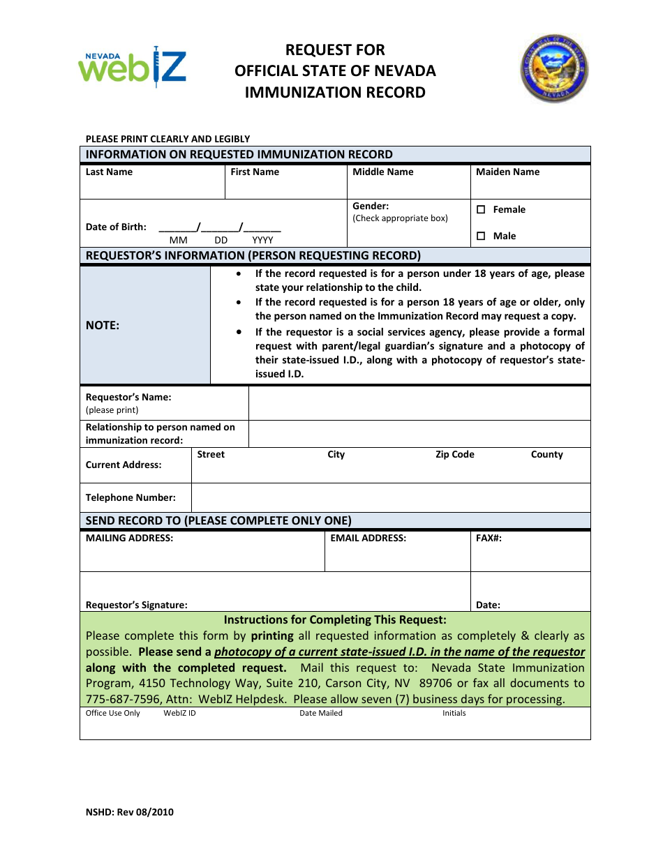 Immunization Record Request Form - Nevada, Page 1