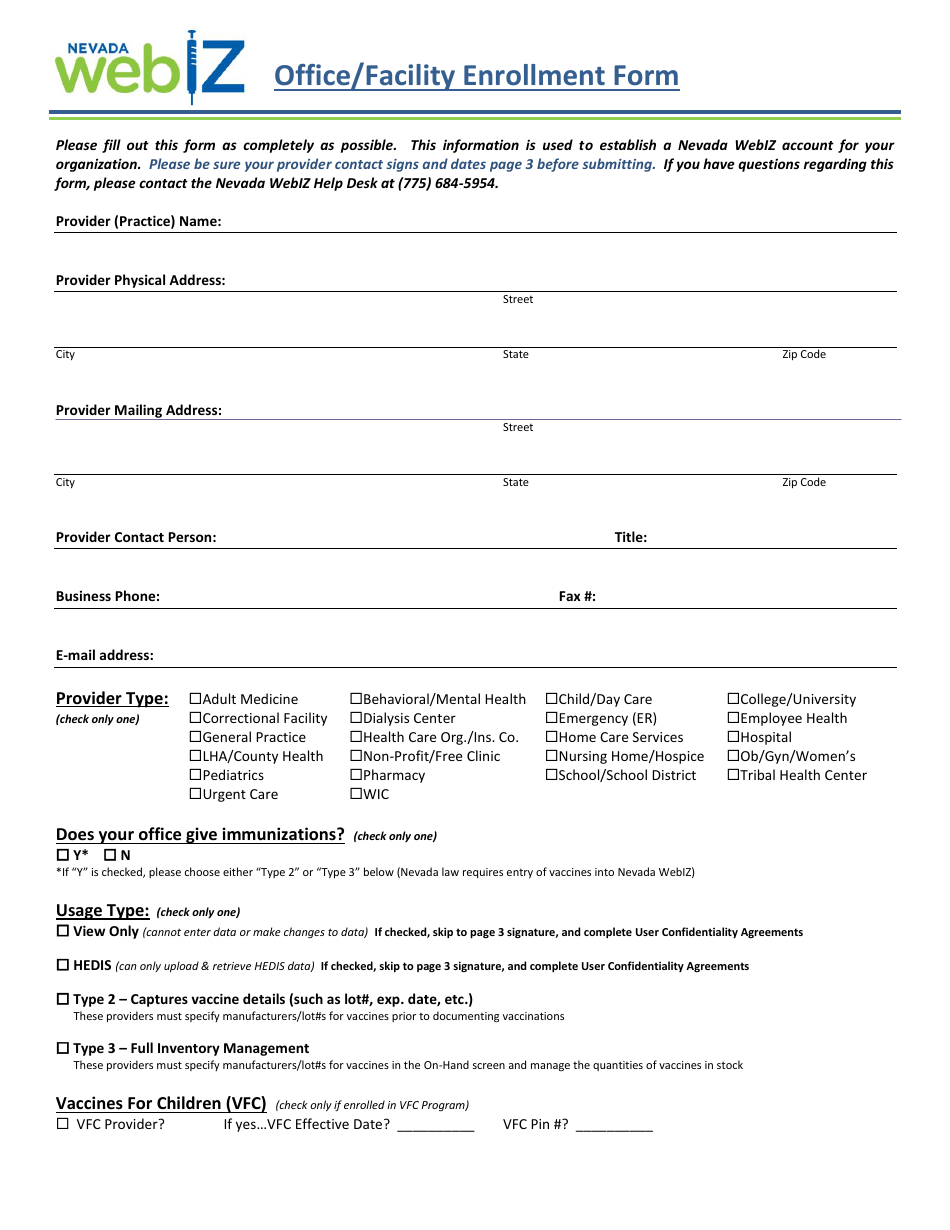 Nevada Webiz Office / Facility Enrollment Form - Nevada, Page 2