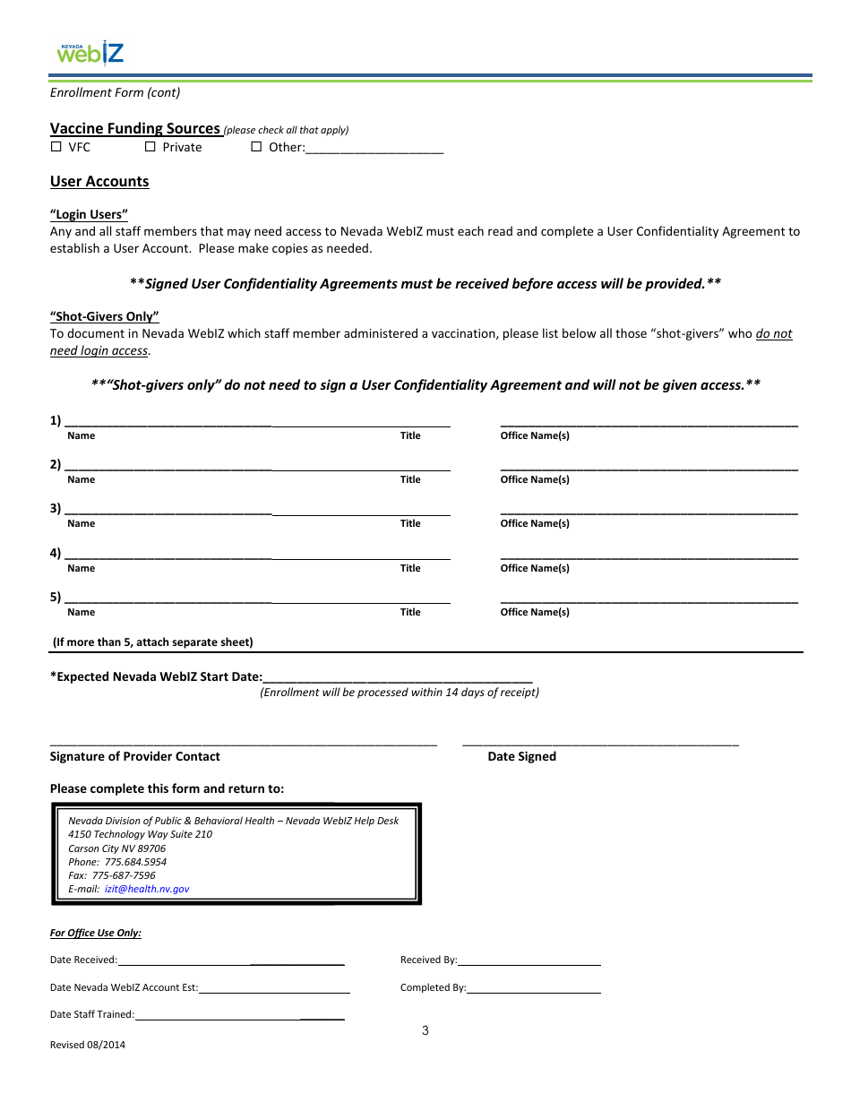 Nevada Webiz Office / Facility Enrollment Form - Nevada, Page 3