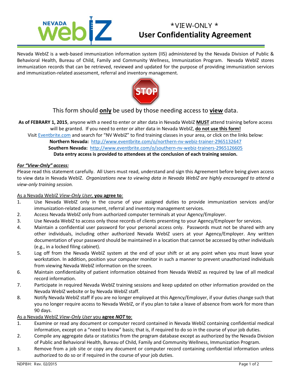 Nevada Webiz View-Only User Confidentiality Agreement Form - Nevada, Page 1