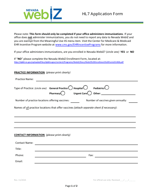 Hl7 Application Form - Nevada Download Pdf