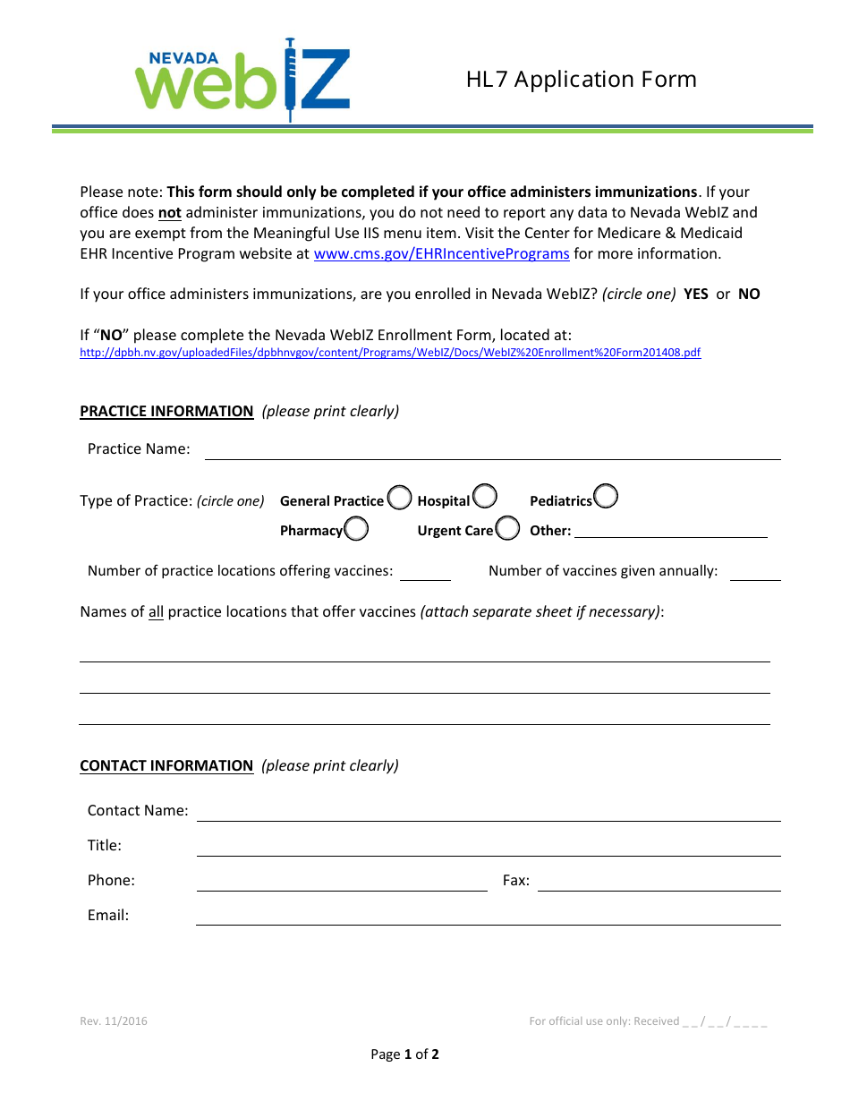 Hl7 Application Form - Nevada, Page 1