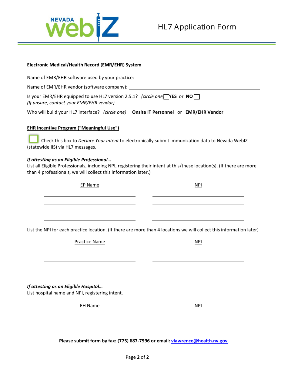 Hl7 Application Form - Nevada, Page 2