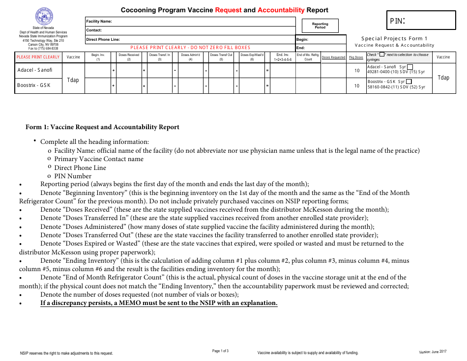 Form 1 Cocooning Program Vaccine Request and Accountability Report - Nevada, Page 1