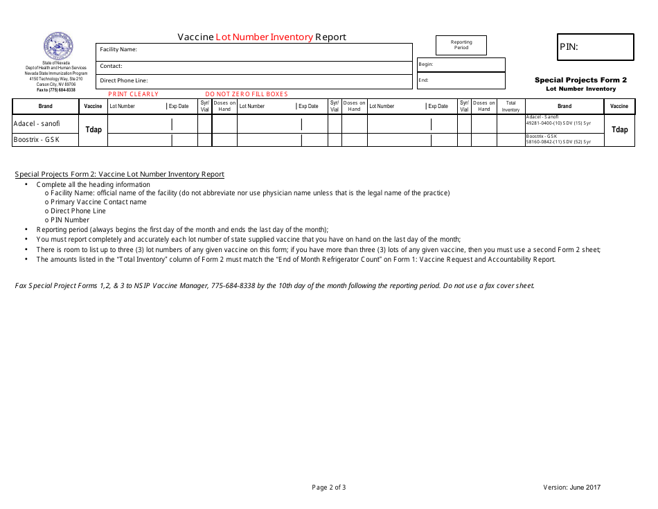Form 1 Cocooning Program Vaccine Request and Accountability Report - Nevada, Page 2