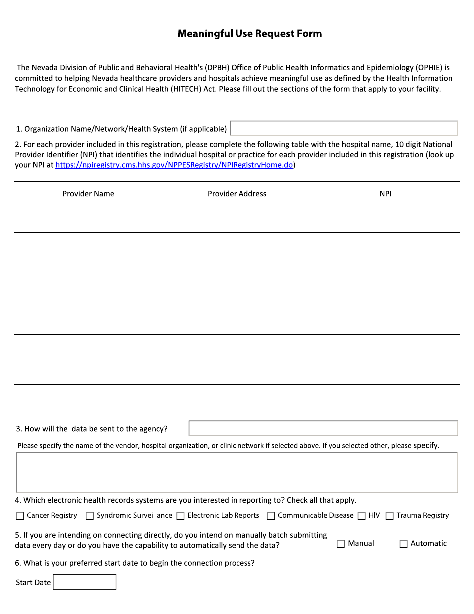 Meaningful Use Request Form - Nevada, Page 1